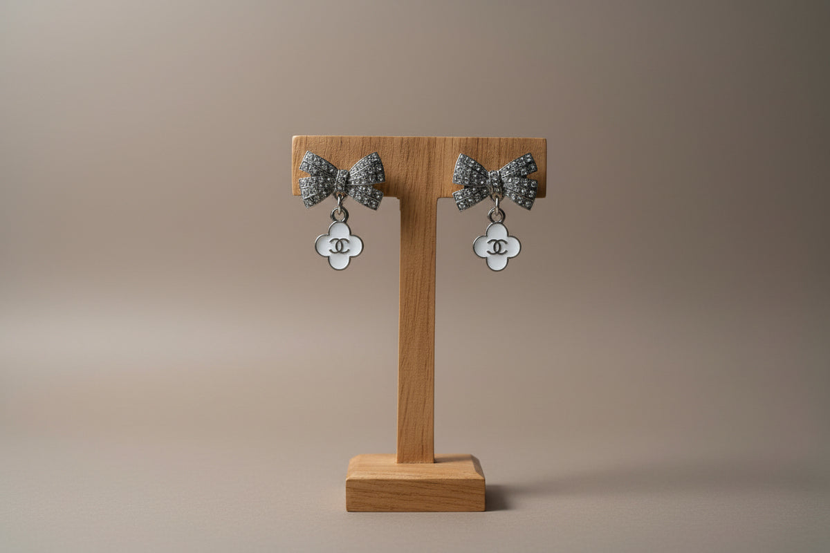 462 - Upcycled Silver White Flower Pendant Earrings with Bows