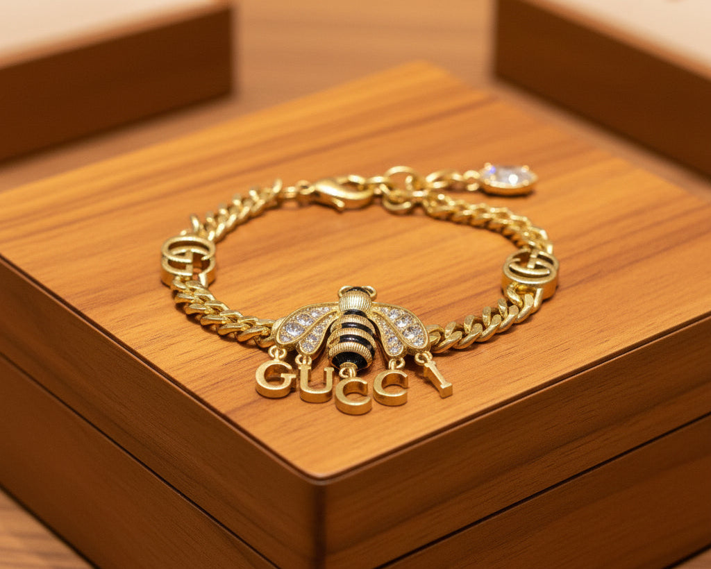 4 - Gold Upcycled Bee Pendant Bracelet with Clear Rhinestone Accents