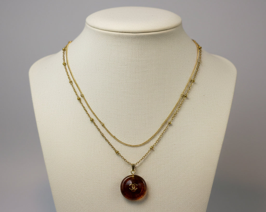 256 - Upcycled Gold Tortoise Brown Circle Pendant Double Chain Necklace