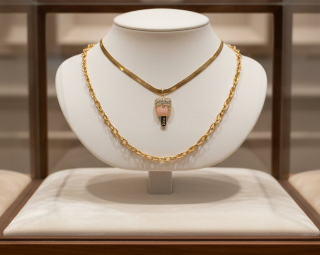 263 - Gold Pink Rhinestone Popsicle Double Chain Necklace