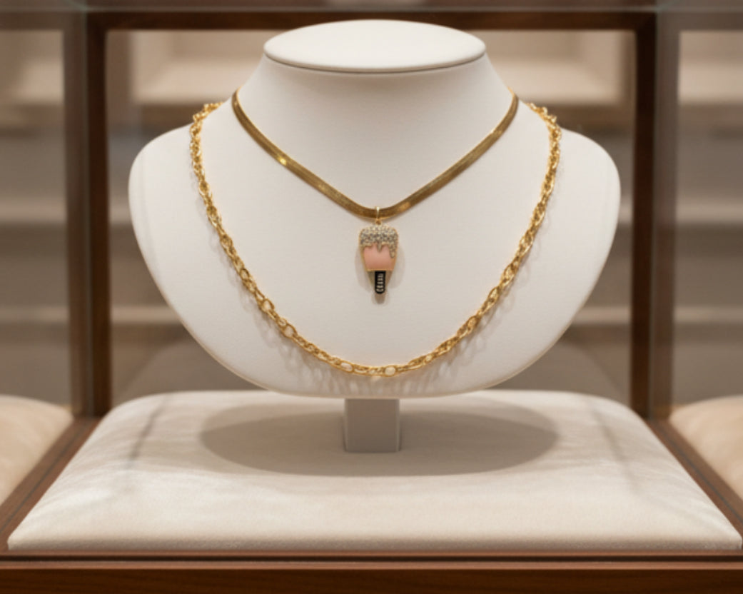 263 - Gold Pink Rhinestone Popsicle Double Chain Necklace