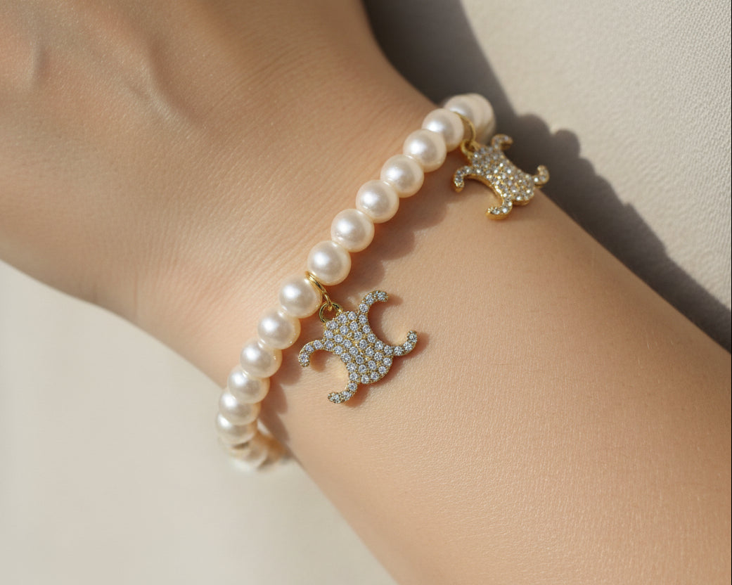13 - Pearl and Clear Rhinestone Charm Bracelet