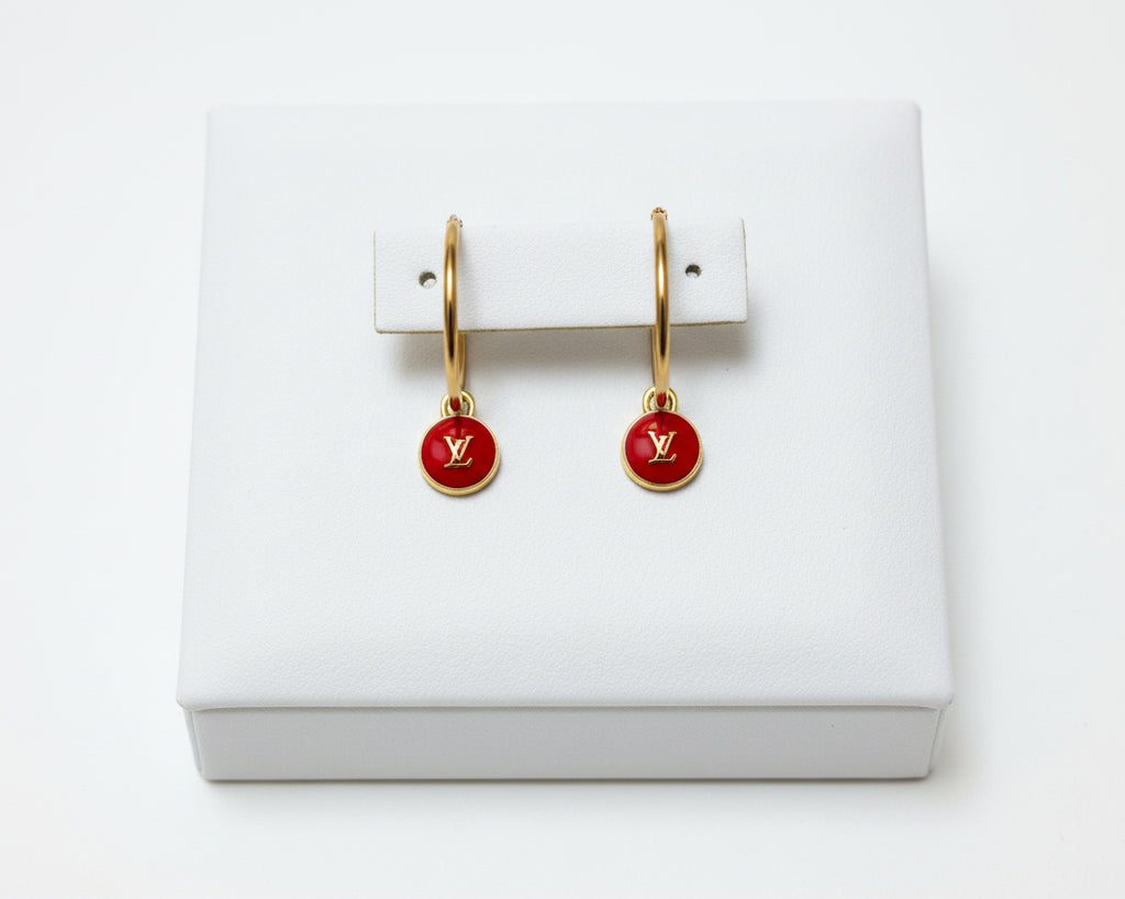 439 - Upcycled Gold Red Mini Skittles Hoop Earrings