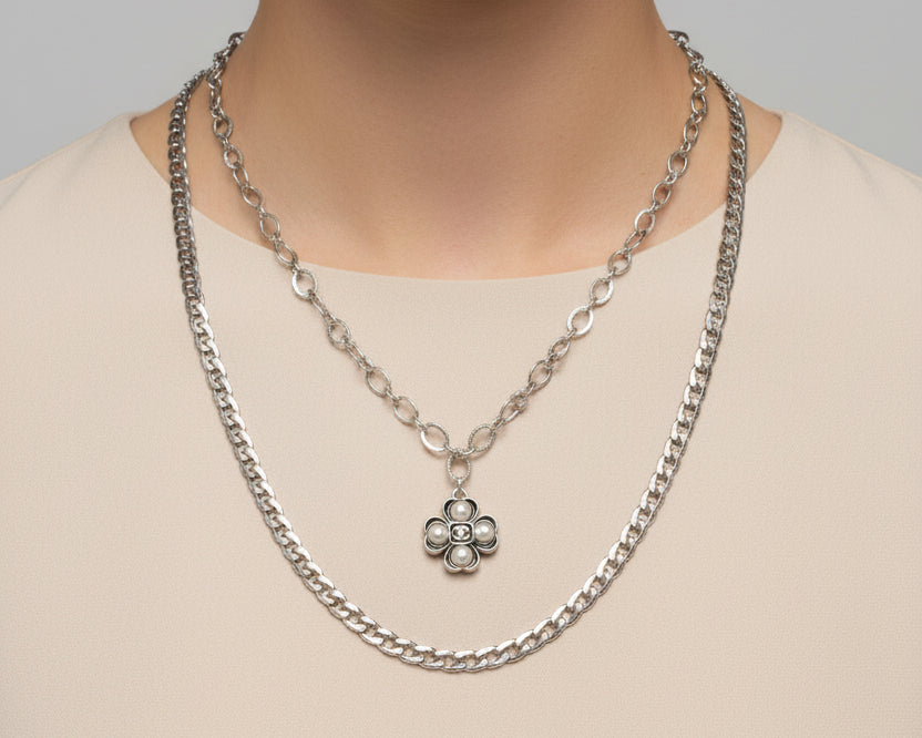 268 - Upcycled Silver Double Chain Pearl Clover Necklace