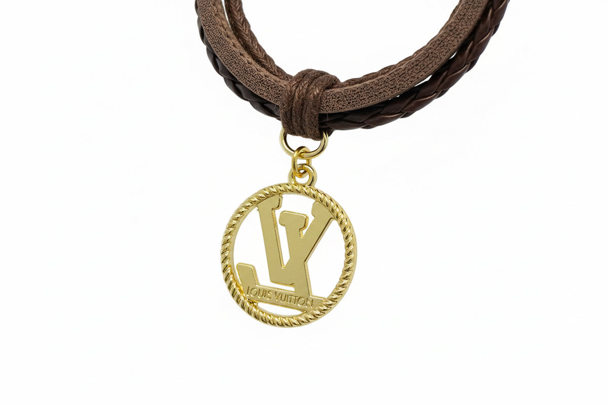 86 - Upcycled Gold Round Pendant with Clear Rhinestones on a Brown Faux Leather Bracelet