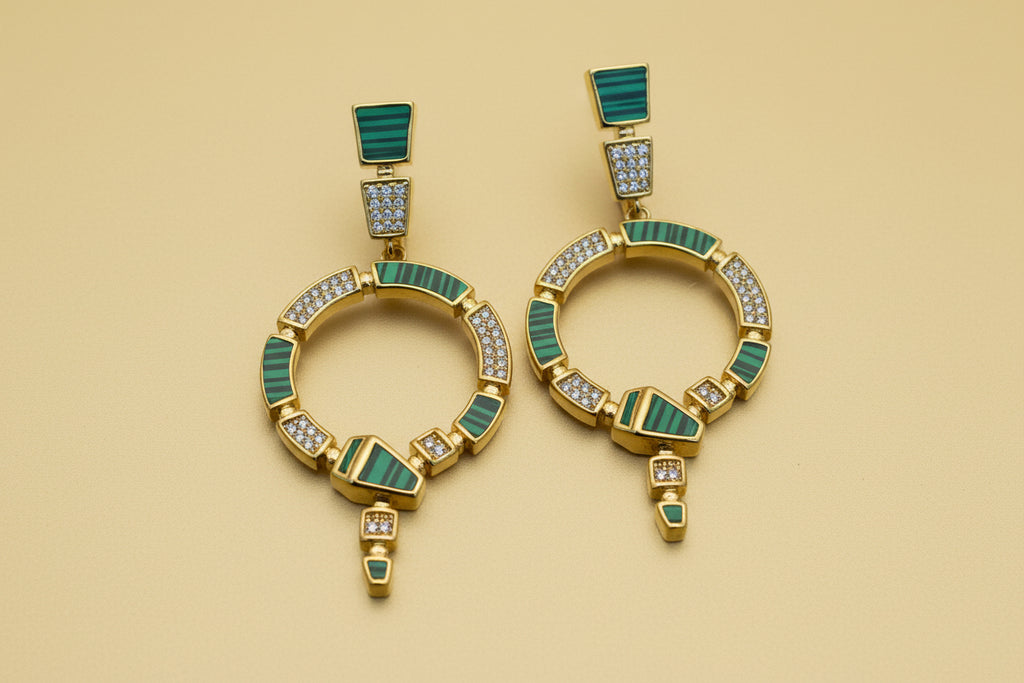 482 - Gold Earrings with Green and Clear Rhinestone Accents