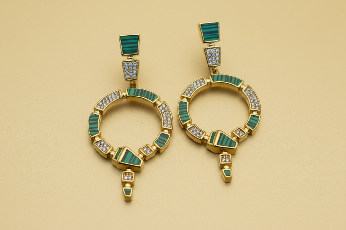 482 - Gold Earrings with Green and Clear Rhinestone Accents