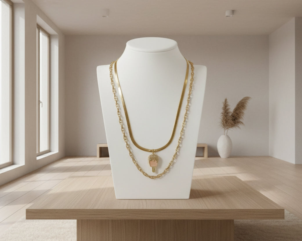 263 - Gold Pink Rhinestone Popsicle Double Chain Necklace
