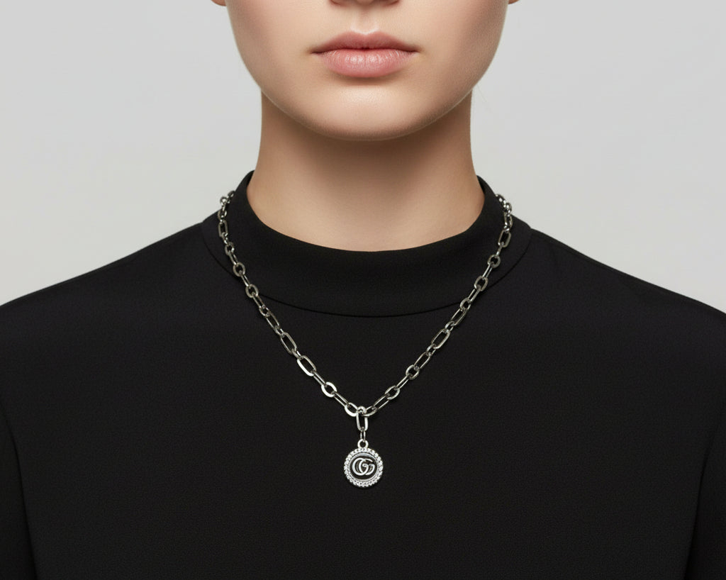 259 - Upcycled Silver Black Circle Pendant Necklace