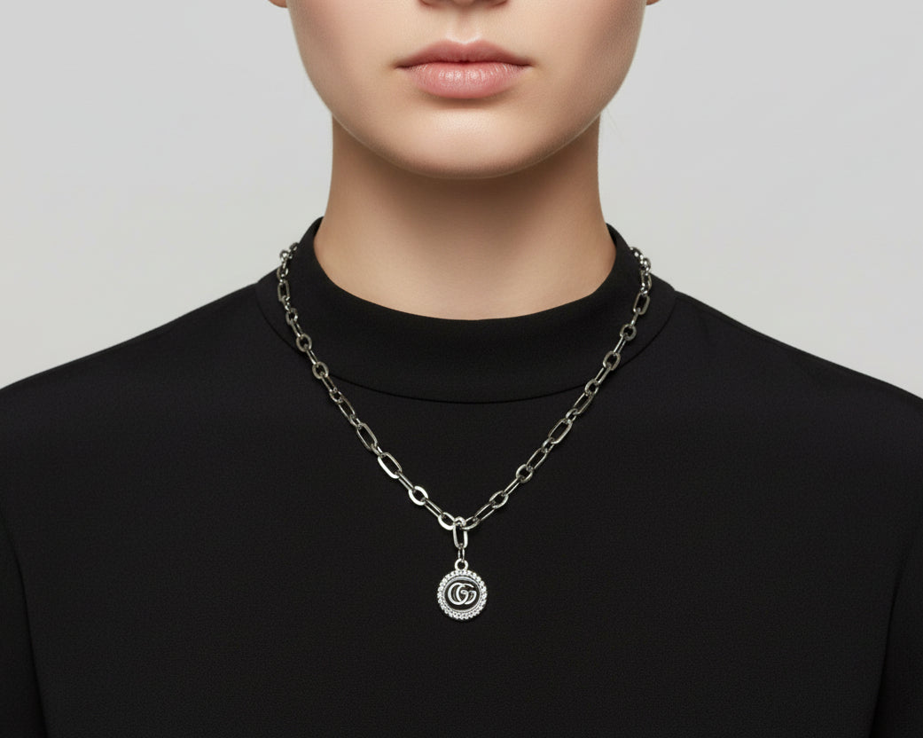 259 - Upcycled Silver Black Circle Pendant Necklace