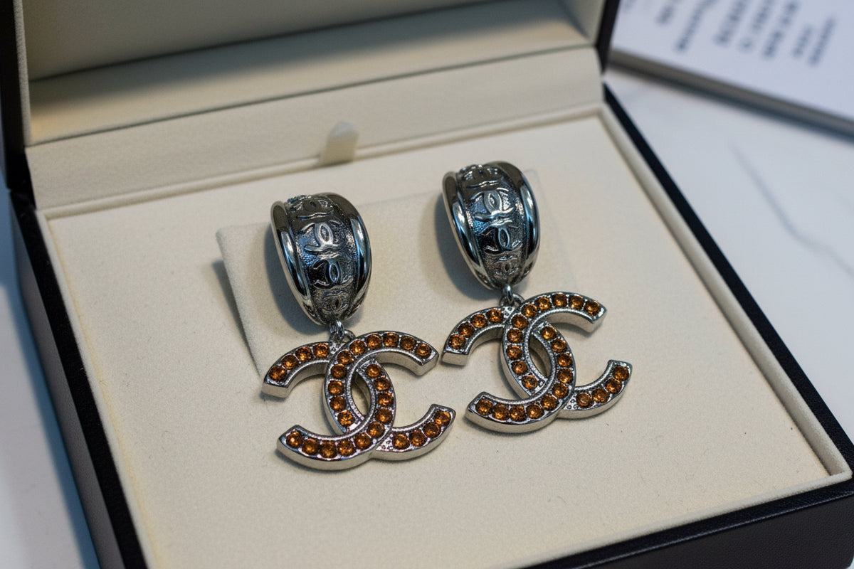 459 - Upcycled Silver Earrings with Yellow Rhinestones
