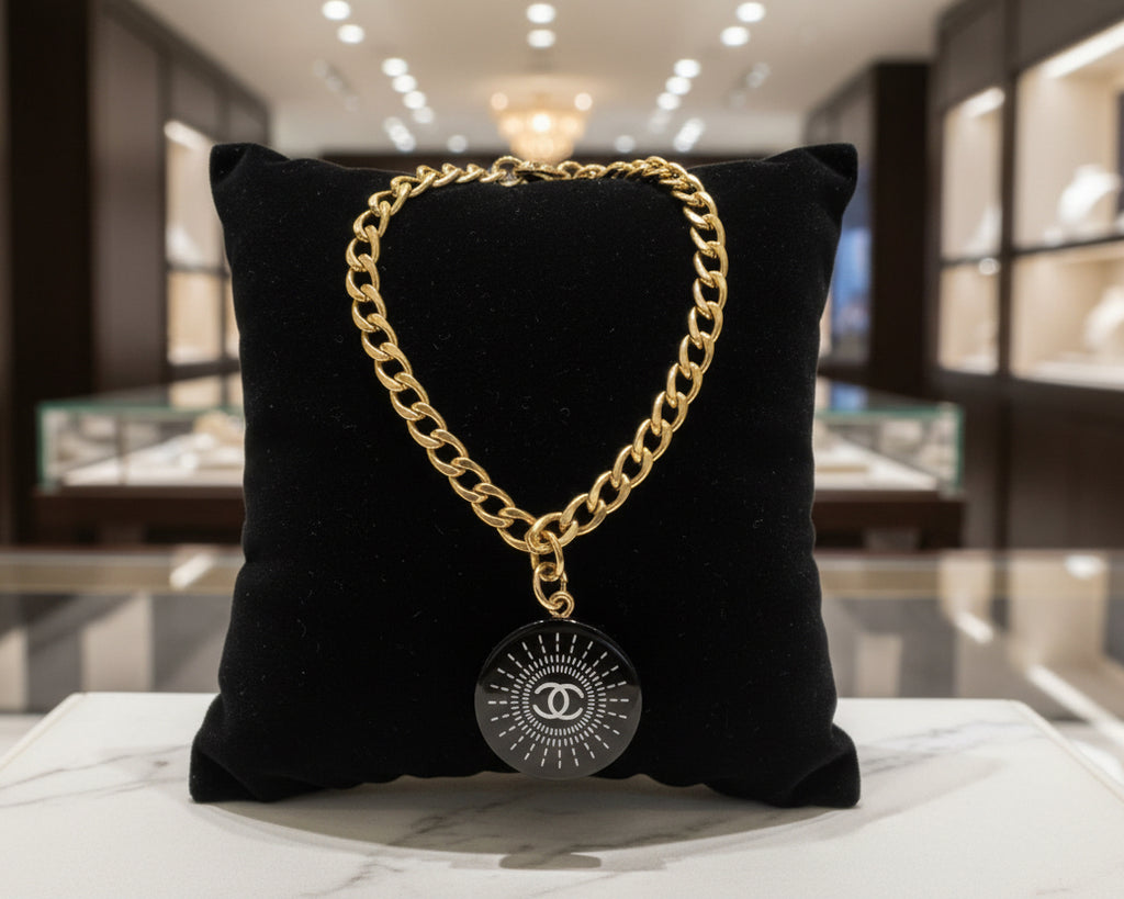 68 - Upcycled Gold Bracelet with Black Pendant