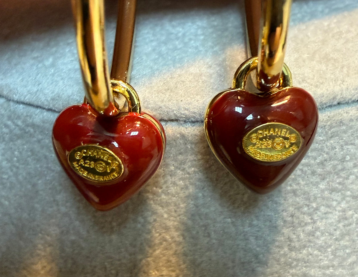 487 - Upcycled Gold maroon Heart Hoop Earrings