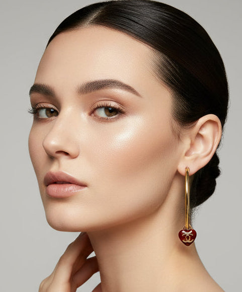 487 - Upcycled Gold maroon Heart Hoop Earrings