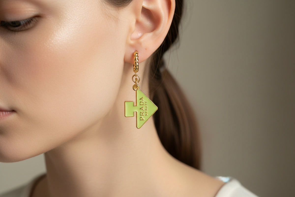 436 - Upcycled Gold Lime Green Perfume Bottle Rope Huggy Earrings