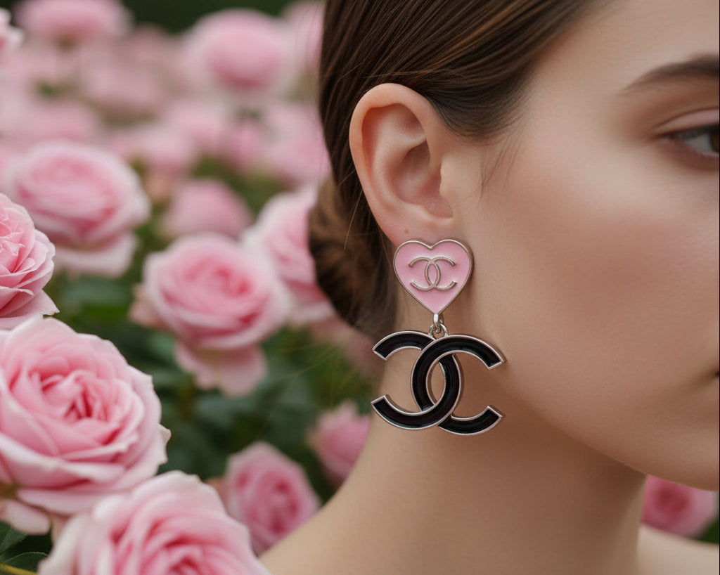 419 - Upcycled Black and Pink Heart Dangle Earrings