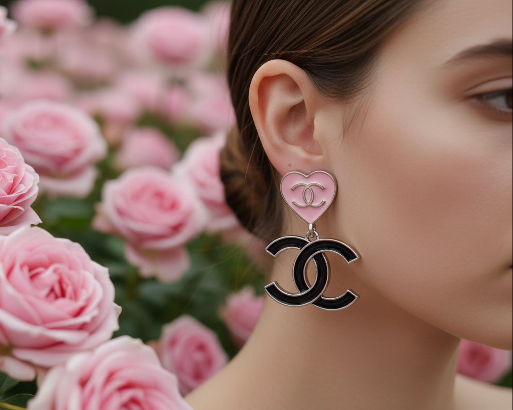 419 - Upcycled Black and Pink Heart Dangle Earrings