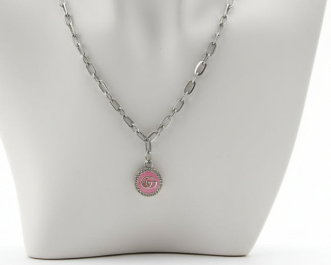 258 - Upcycled Silver Pink Circle Pendant Necklace