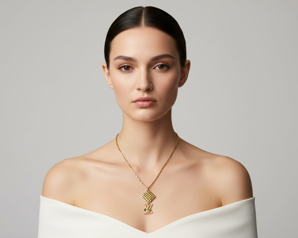 261 - Upcycled Gold Diamond Shaped Pendant with Black Star Necklace