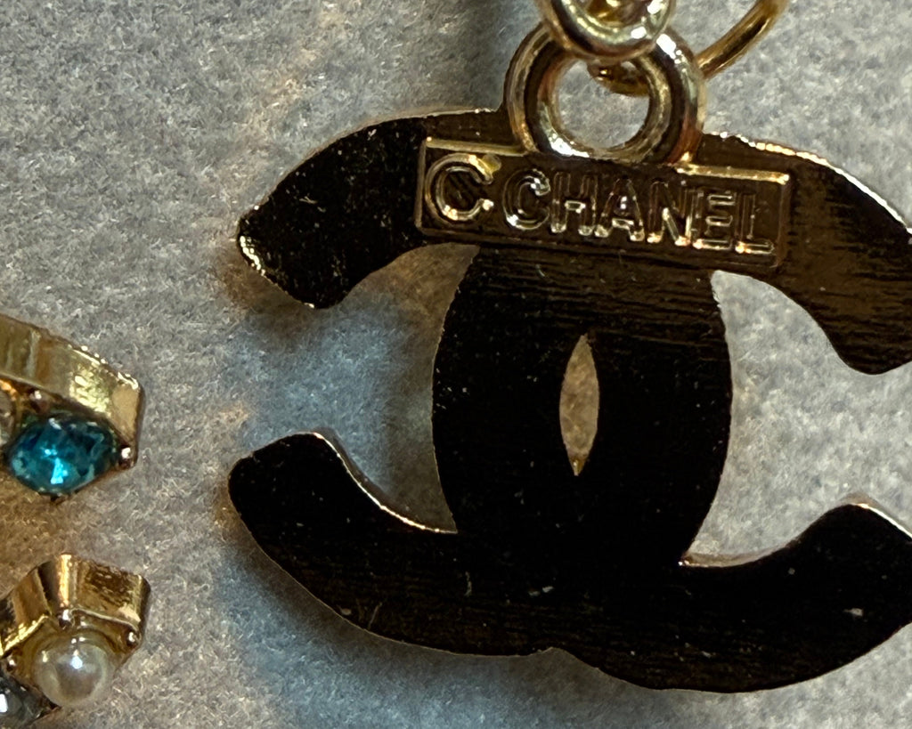 449 - Upcycled Gold Pendant Earrings with Blue Rhinestone and Pearl Accents