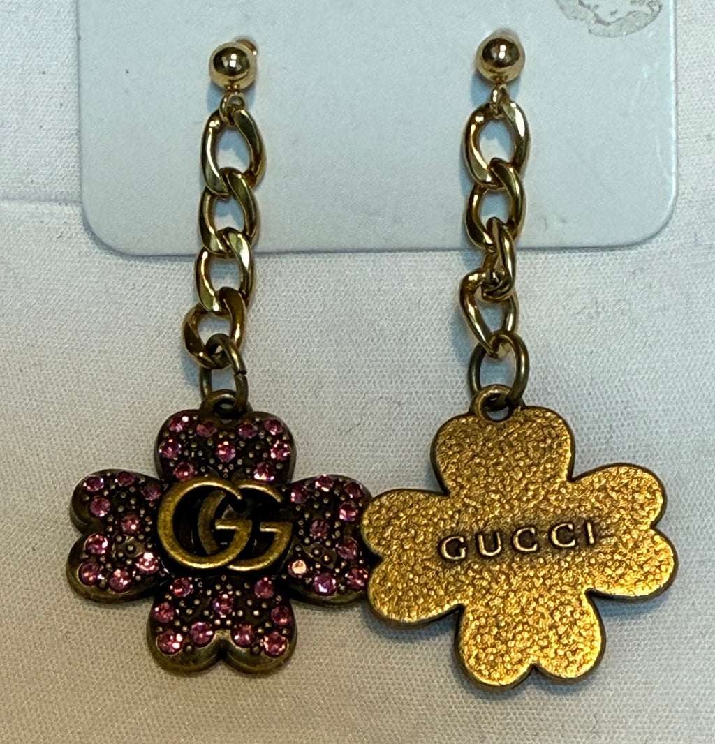 479 - Upcycled Gold Clover Pendant Earrings with Pink Rhinestones
