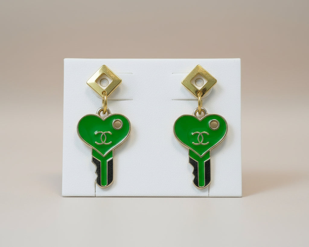 442 - Gold Lime Green Key Earrings