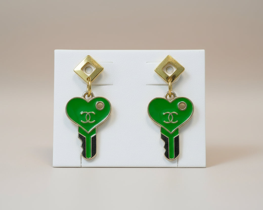 442 - Gold Lime Green Key Earrings