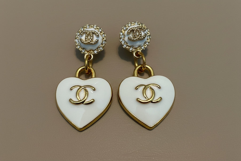 485 - Upcycled Gold White Heart Pendant Earrings
