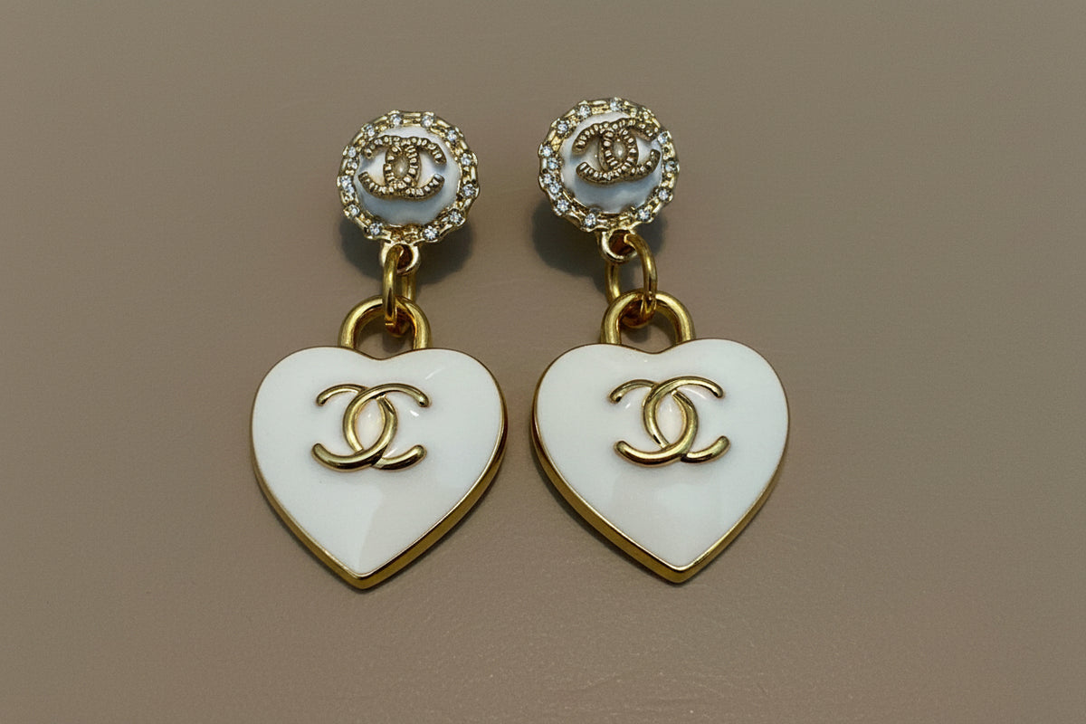 485 - Upcycled Gold White Heart Pendant Earrings