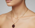 256 - Upcycled Gold Tortoise Brown Circle Pendant Double Chain Necklace