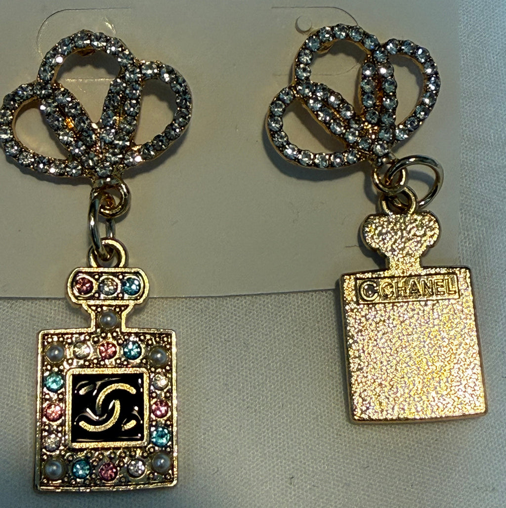 450 - Upcycled Gold Perfume Bottle Pendant Earrings with Multicolored Rhinestones