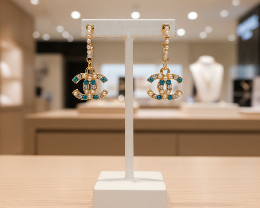 449 - Upcycled Gold Pendant Earrings with Blue Rhinestone and Pearl Accents