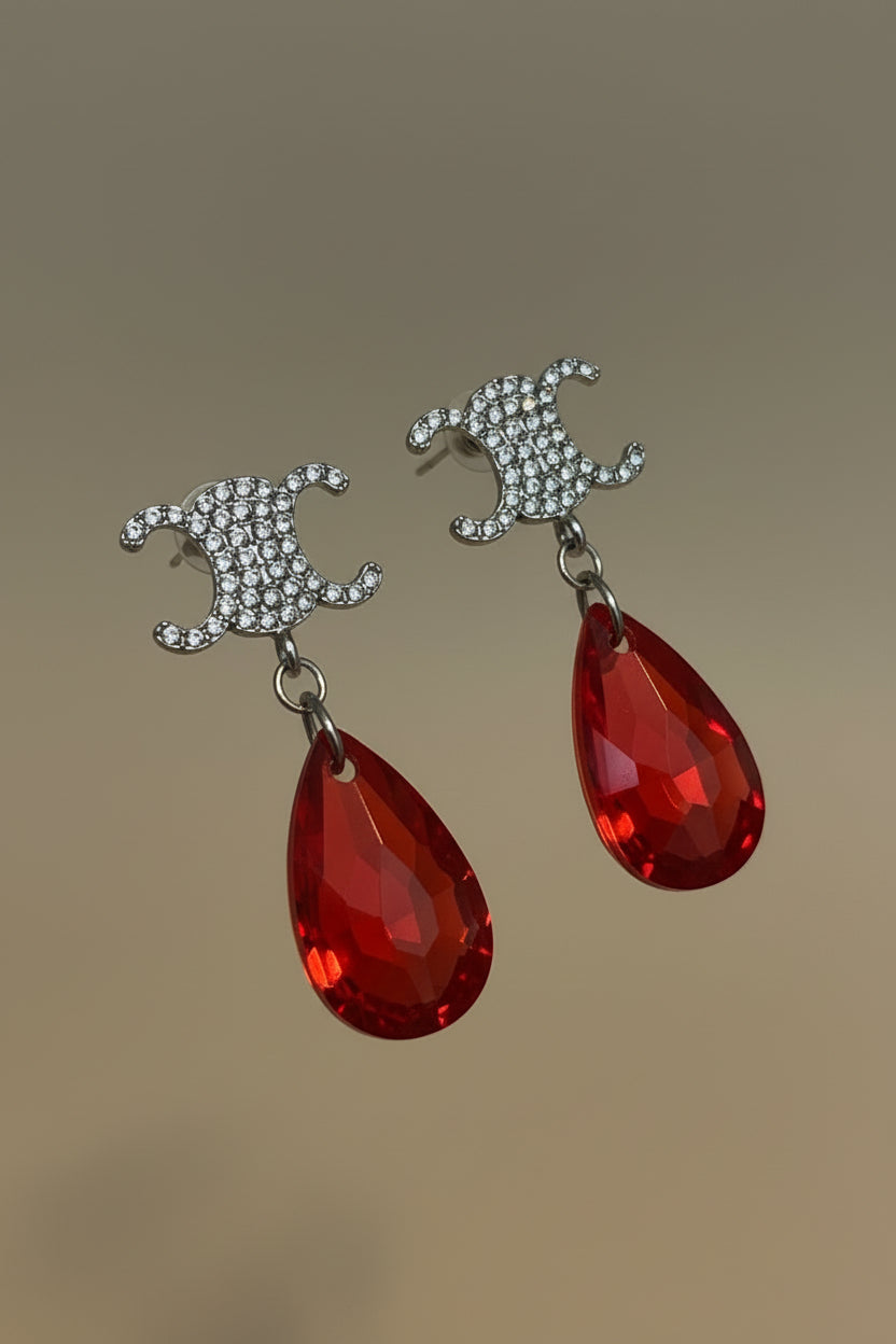 458 - Earrings with Red Rhinestone Drops and Clear Rhinestone Accents