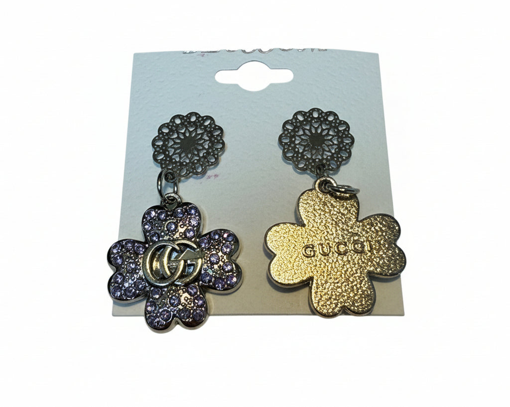 429 - Upcycled Silver Clover Earrings with Purple Rhinestones