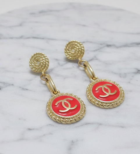 476 - Upcycled Gold Pendant Earrings with Pink Accent