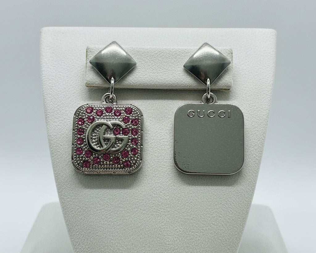 420- Upcycled Silver Square Earrings with Pink Rhinestones