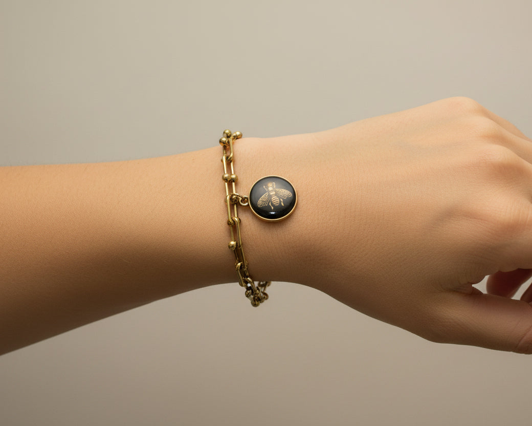 72 - Upcycled Gold Bracelet with Black Mini Bee