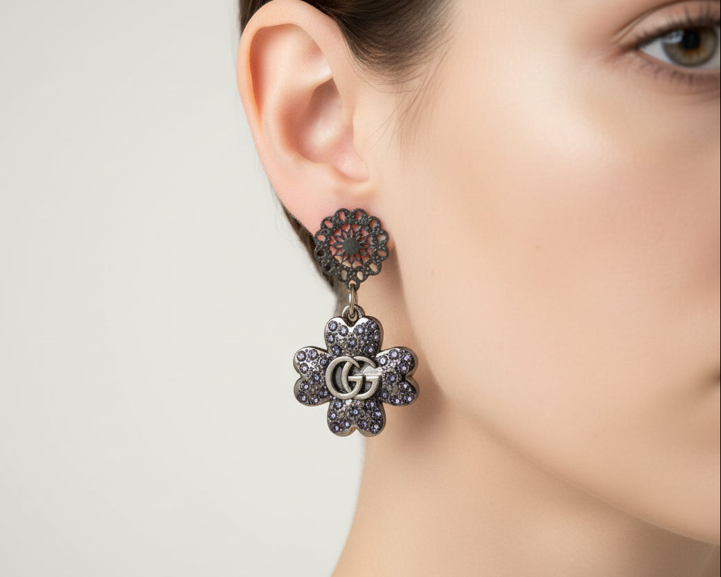 429 - Upcycled Silver Clover Earrings with Purple Rhinestones