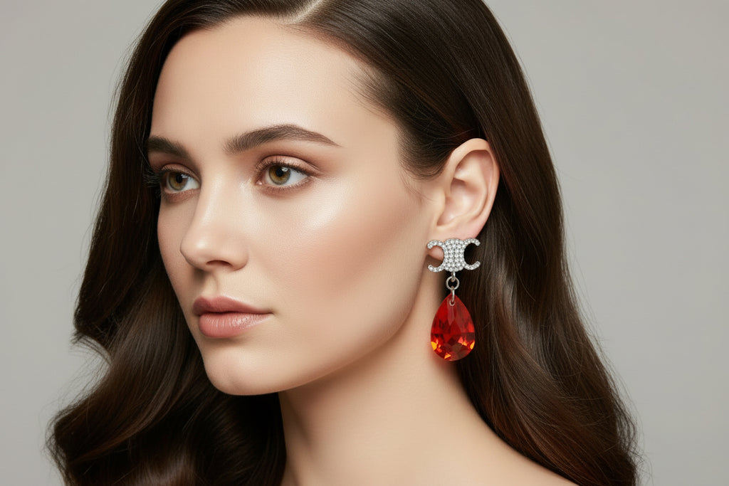 458 - Earrings with Red Rhinestone Drops and Clear Rhinestone Accents