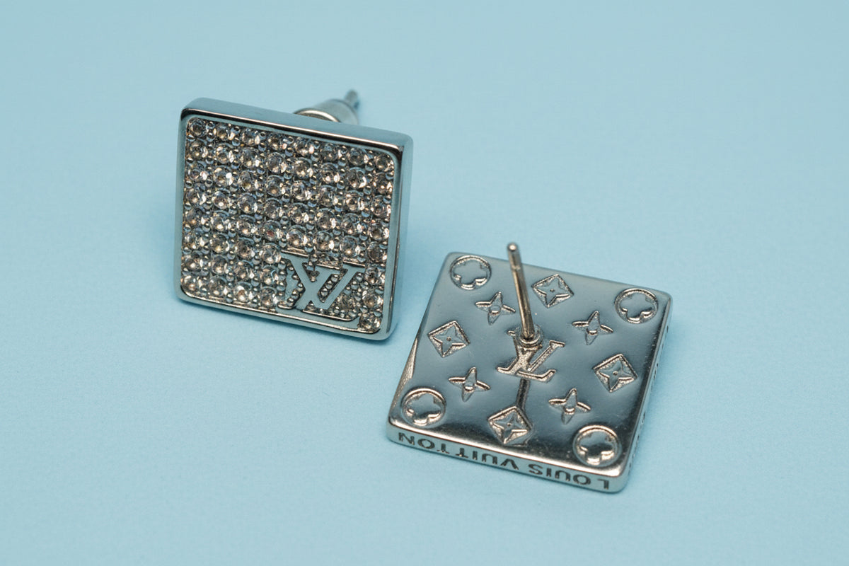 492 - Upcycle Silver Square Pendant Earrings with Clear Rhinestones