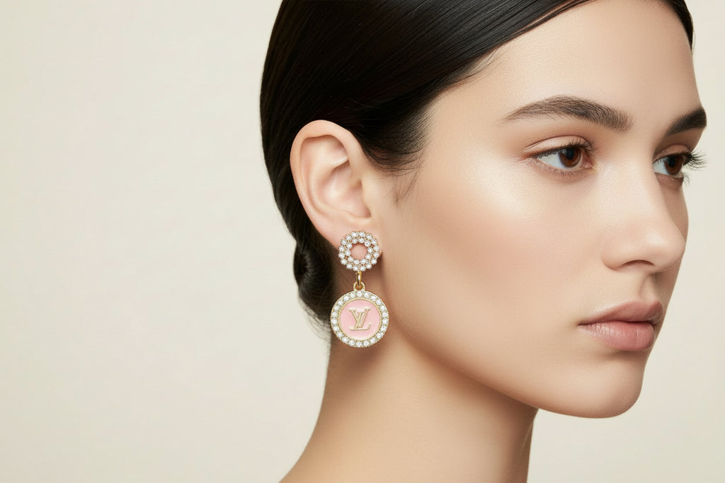 474 - Upcycled Gold for Bottle Cap Pendant Earrings with Pink Highlights and Clear Rhinestones