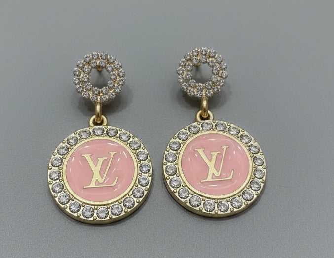 474 - Upcycled Gold for Bottle Cap Pendant Earrings with Pink Highlights and Clear Rhinestones