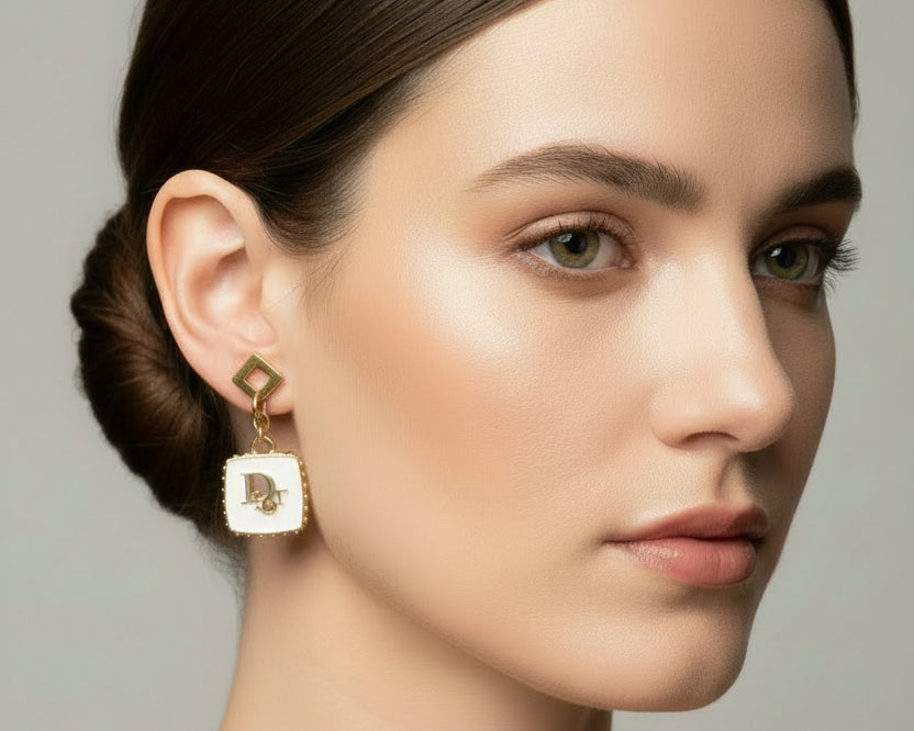 440 - Upcycled Gold White Square Earrings
