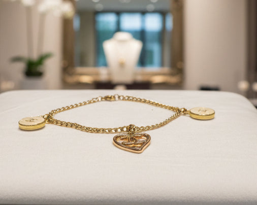 81 - Upcycled Gold White Pendant Bracelet with Heart Charm