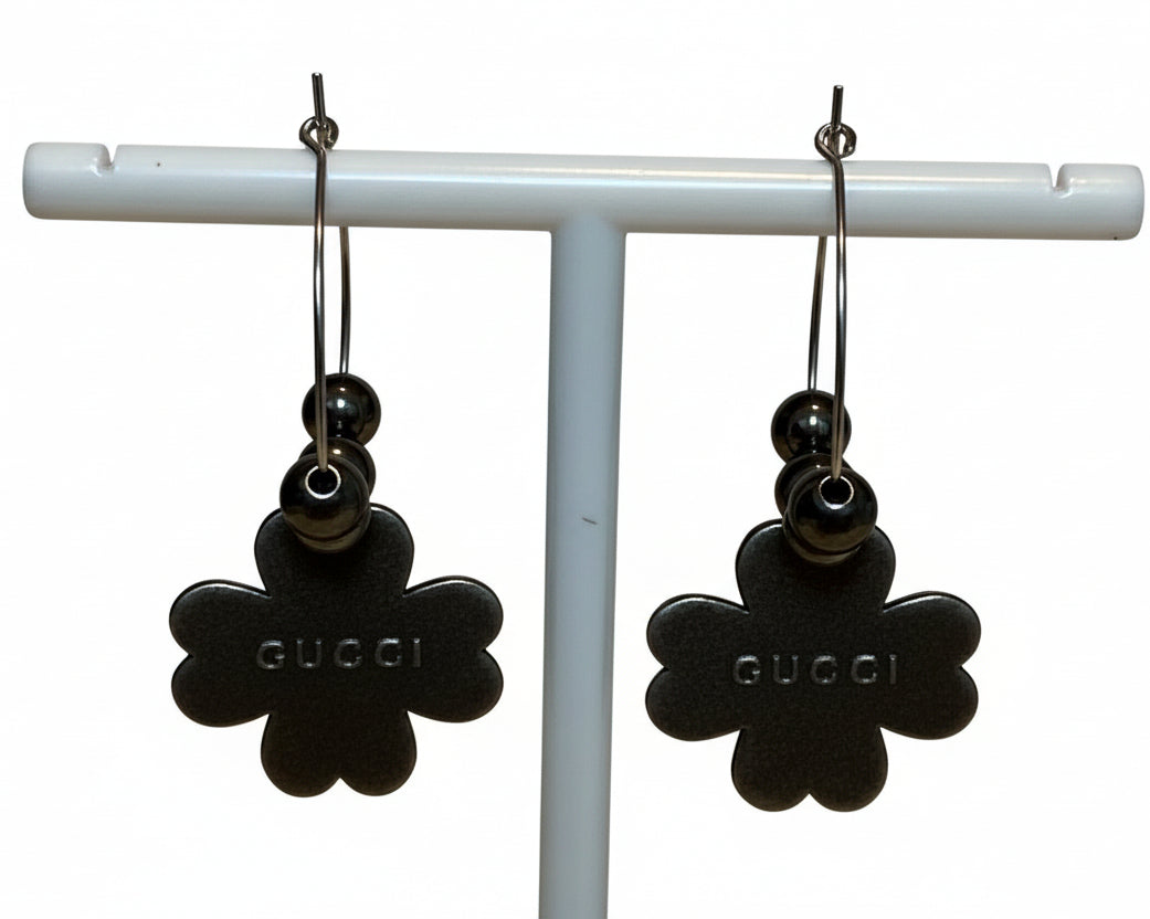 433 - Upcycled Silver Pink Clover Hoop Earrings