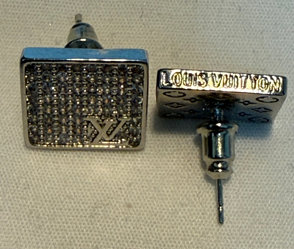 492 - Upcycle Silver Square Pendant Earrings with Clear Rhinestones