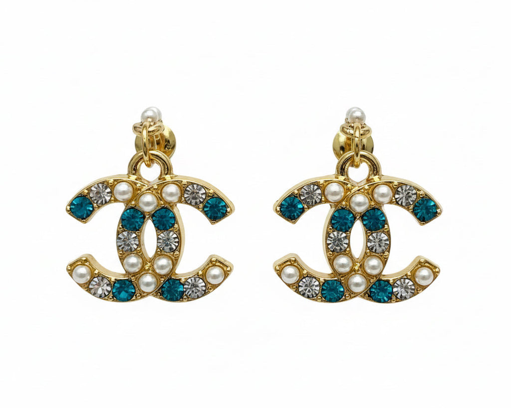 449 - Upcycled Gold Pendant Earrings with Blue Rhinestone and Pearl Accents