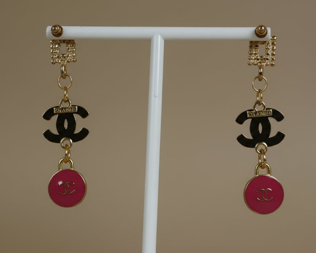 423 - Upcycled Gold Earrings with Clear Rhinestones and Pink Skittles