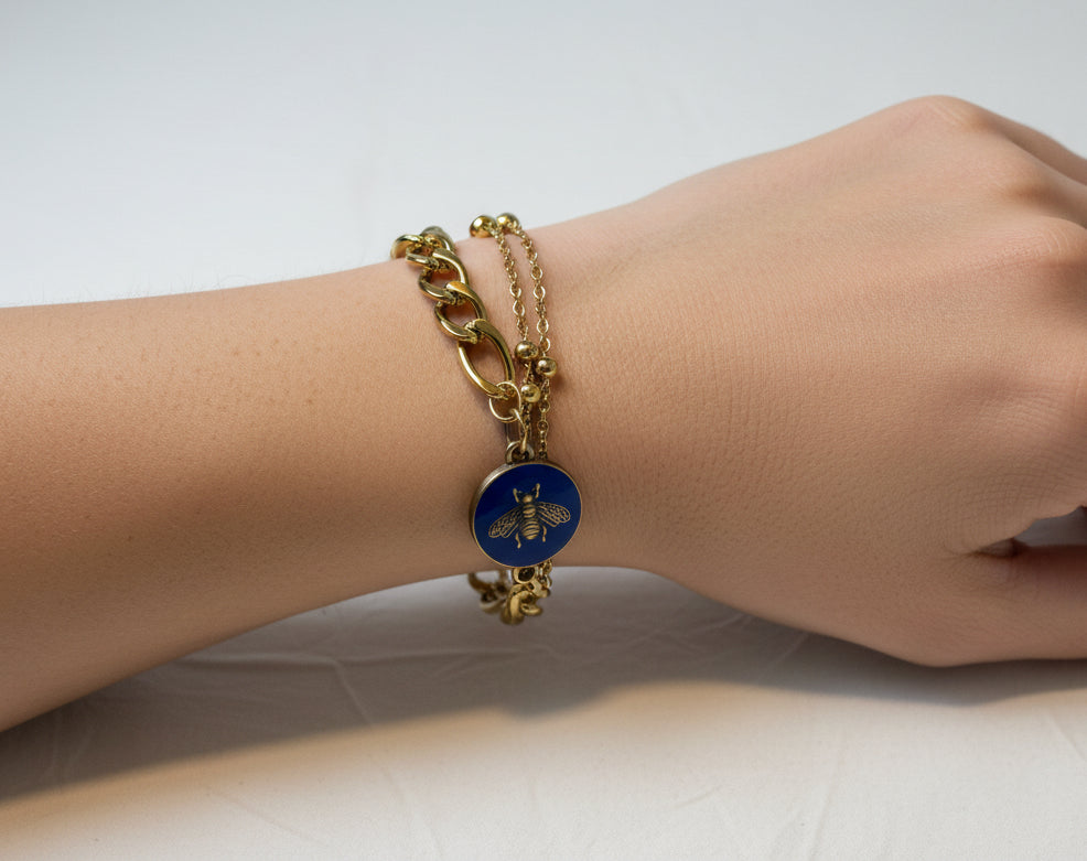 66 - Upcycled Gold Blue Bee Pendant Bracelet
