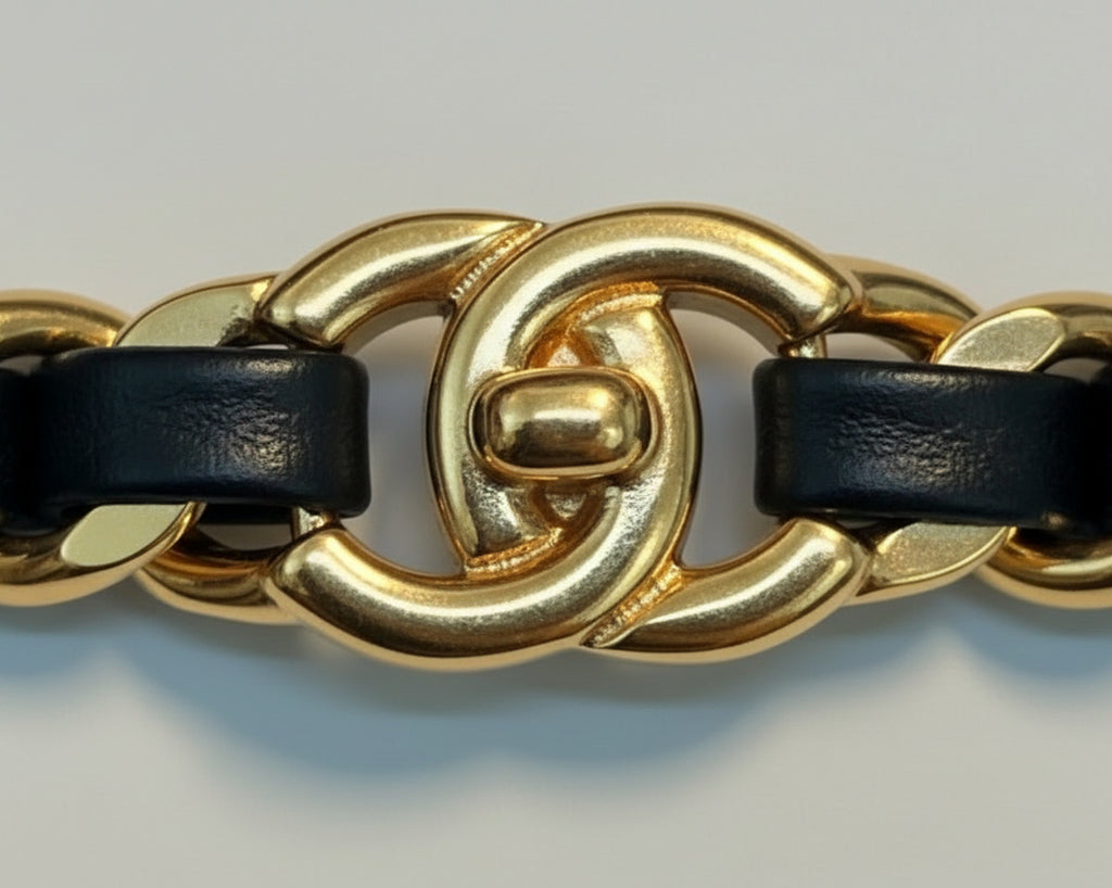 35- Gold and Black Faux Leather Bracelet